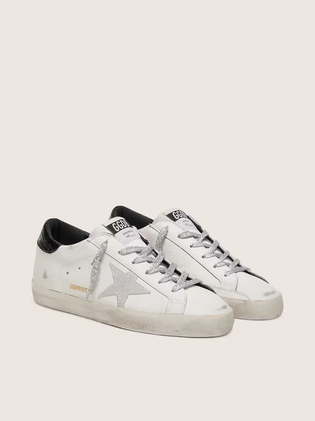 GGDB - Super-Star pour femme avec étoile en daim blanc et contrefort en cuir croco noir